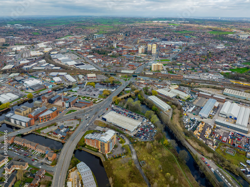 Wakefield, West Yorkshire, England, April 2nd 2023. Wakefield City Centre West Yorkshire. City of Wakefield showing the Hepworth Gallery, River Calder and Chantry Bridge Aerial View photo