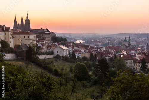 Early morning view of St. Vitus cathedral and Lesser side in Prague, Czech Republic