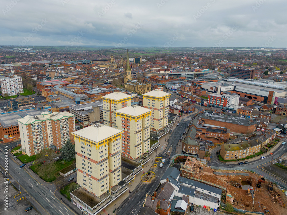 Wakefield, West Yorkshire, England, April 2nd 2023. Wakefield City Centre West Yorkshire. Aerial view of the Northern English city of Wakefield showing the Cathedral, residential  and retail spaces