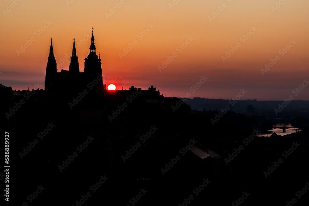 Early morning view of St. Vitus cathedral silhouette in Prague, Czech Republic