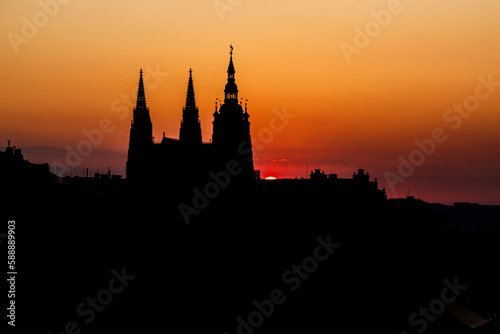 Early morning view of St. Vitus cathedral silhouette in Prague, Czech Republic