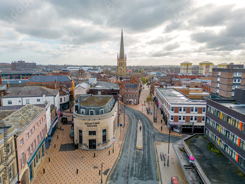 Wakefield, West Yorkshire. Wakefield City Centre West Yorkshire. Aerial view of the Northern English city of Wakefield showing the Cathedral, residential  and retail spaces photo