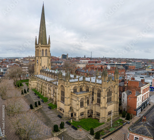 Wakefield, West Yorkshire, England, April 2nd 2023. Wakefield City Centre West Yorkshire. Aerial view of the Northern English city of Wakefield showing the Cathedral, residential and retail spaces