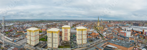 Wakefield, West Yorkshire, England, April 2nd 2023. Wakefield City Centre West Yorkshire. Aerial view of the Northern English city of Wakefield showing the Cathedral, residential  and retail spaces photo
