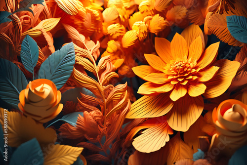 A bold and graphic design of abstract leaves and flowers in bright shades of yellow and orange