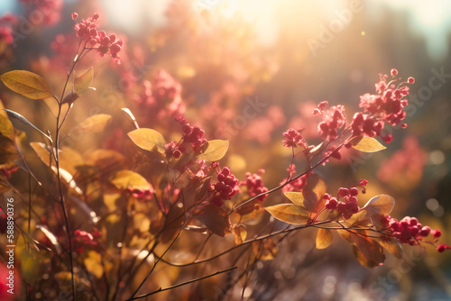 A sun-drenched landscape with golden leaves and delicate pink blossoms