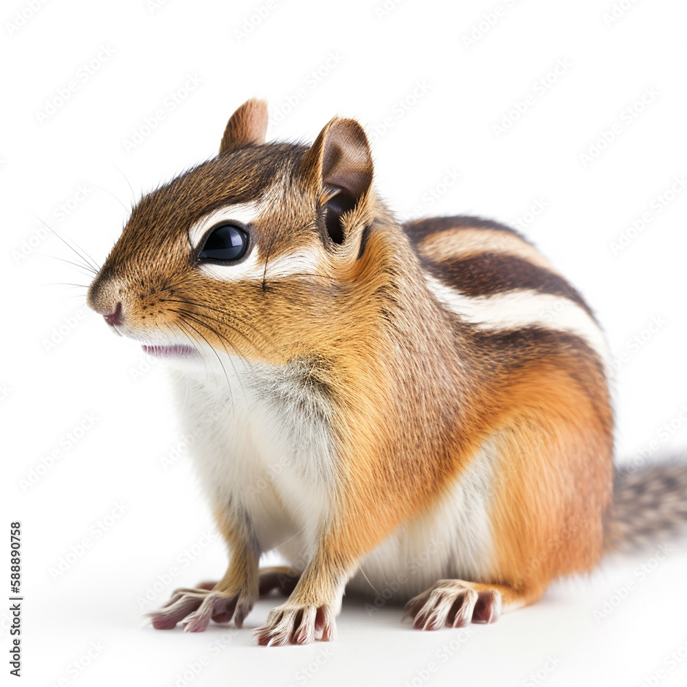 Fototapeta premium Chipmunk, wild striped rodent, cute animal, isolated on white background close-up, ai generative 