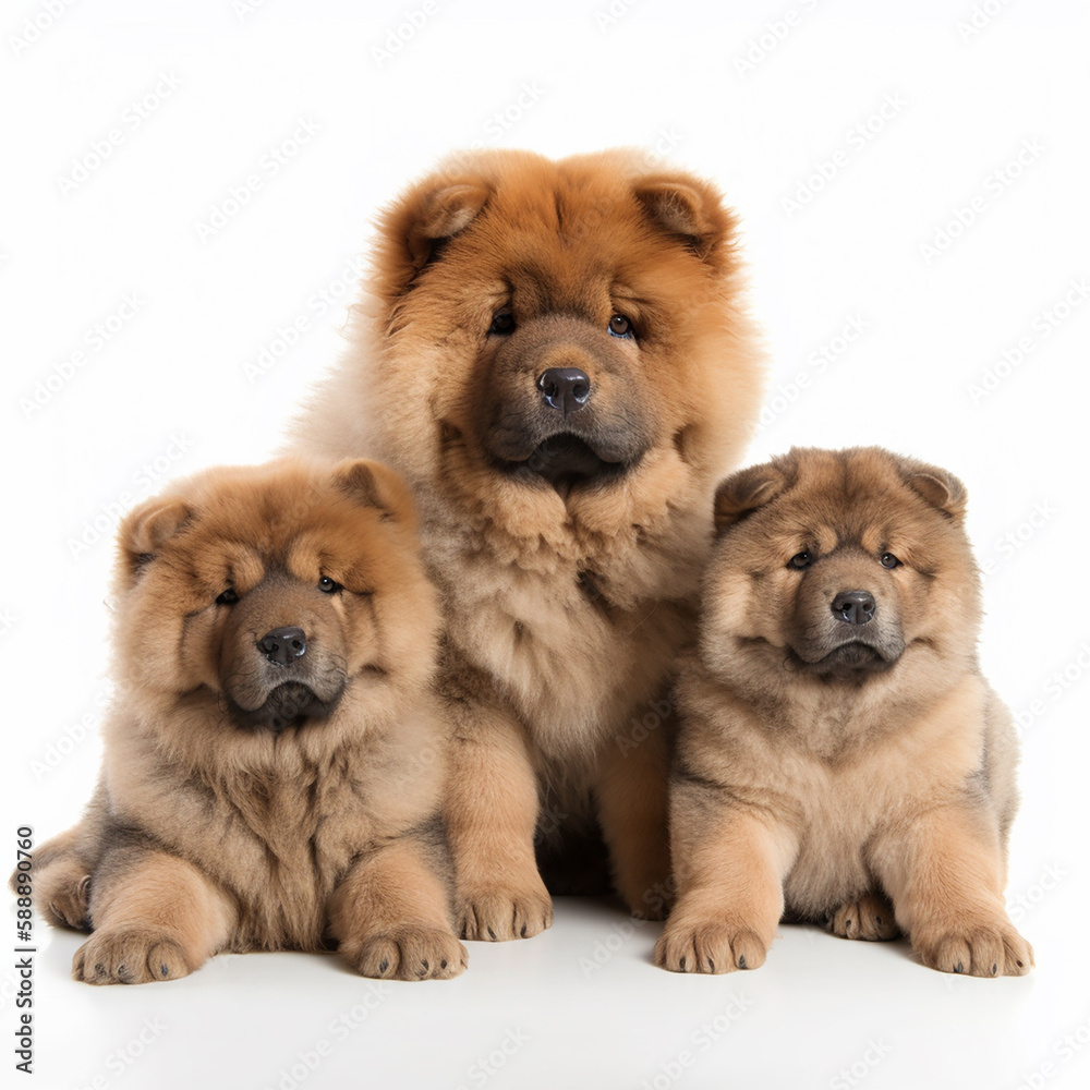 Nice fluffy chow-chow breed dog with puppies isolated on white, cute pets, ai generative