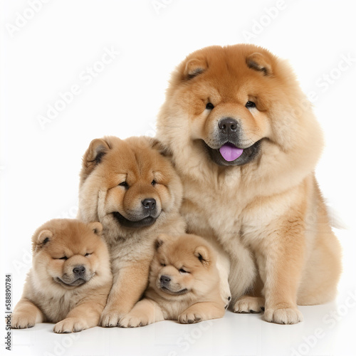 red fluffy chow-chow breed dog with puppies isolated on white, cute pets, ai generative  © Dmitry