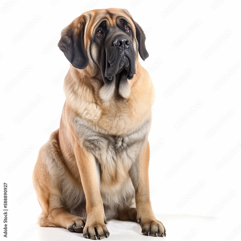 Big dog breed spanish mastiff isolated on white close-up, largest dog breed, ai generative