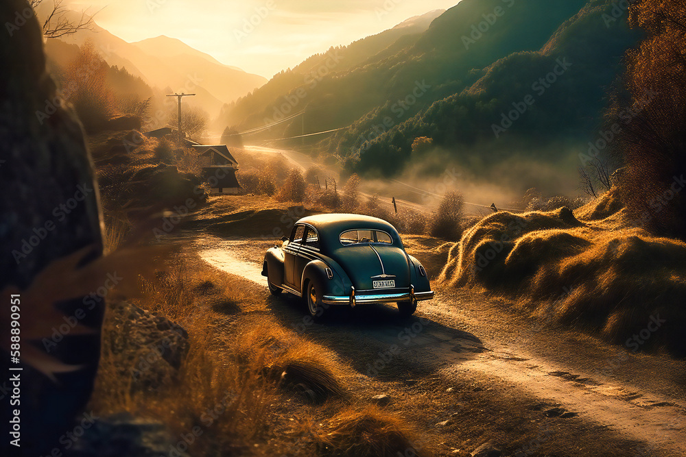 Journey to the unknown: A fearless adventurer embarks on a road trip in a vintage car, capturing breathtaking landscapes along the way