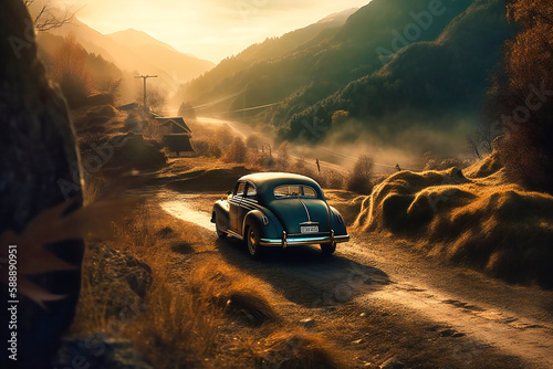 Journey to the unknown: A fearless adventurer embarks on a road trip in a vintage car, capturing breathtaking landscapes along the way © Nilima