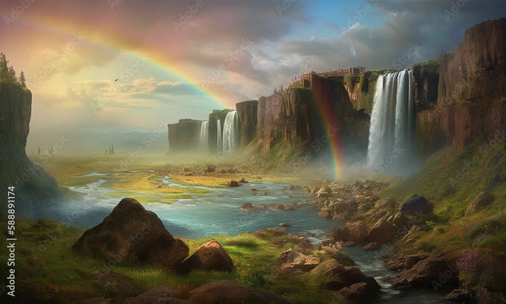 rainbow over waterfall , Generative AI