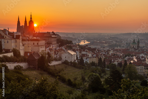 Early morning view of St. Vitus cathedral and the Lesser Side in Prague  Czech Republic