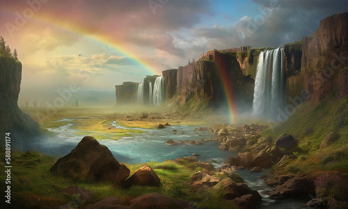 rainbow over waterfall   Generative AI