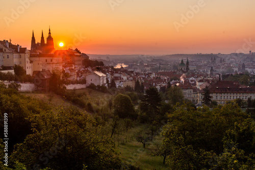 Early morning view of St. Vitus cathedral and the Lesser Side in Prague, Czech Republic