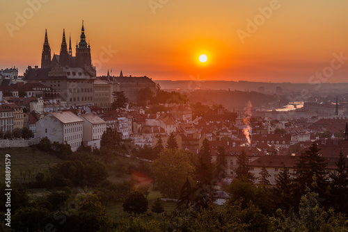 Early morning view of St. Vitus cathedral and the Lesser Side in Prague  Czech Republic