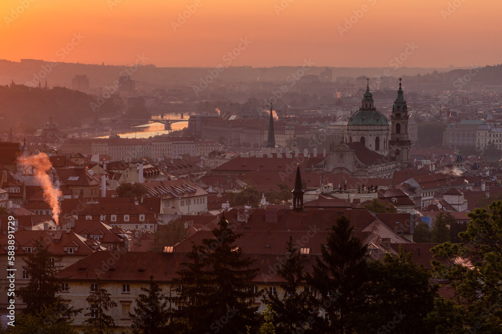 Fototapeta premium Early morning aerial view of Prague, Czech Republic