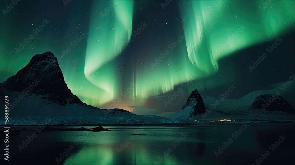 Magical and mystical northern lights, aurora borealis. Generative AI