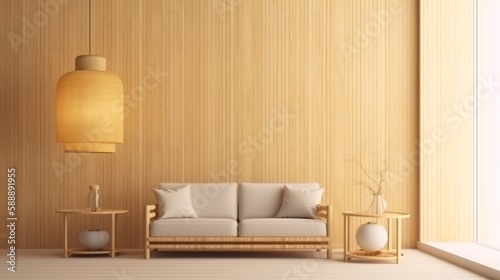 A white living room with wooden decor with lamp in the corner. Generative AI.