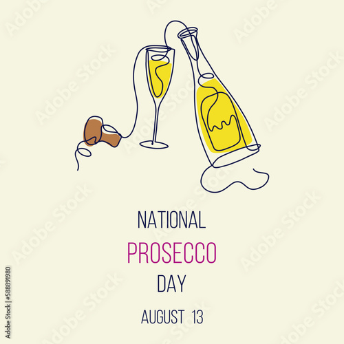 National Prosecco Day. Glass of sparkling wine, bottle and cork.  Prosecco Day Poster, August 13. Line art vector illustration.