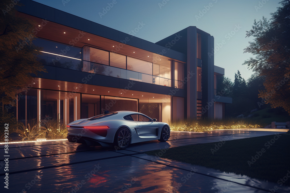 Modern luxury house with sports car