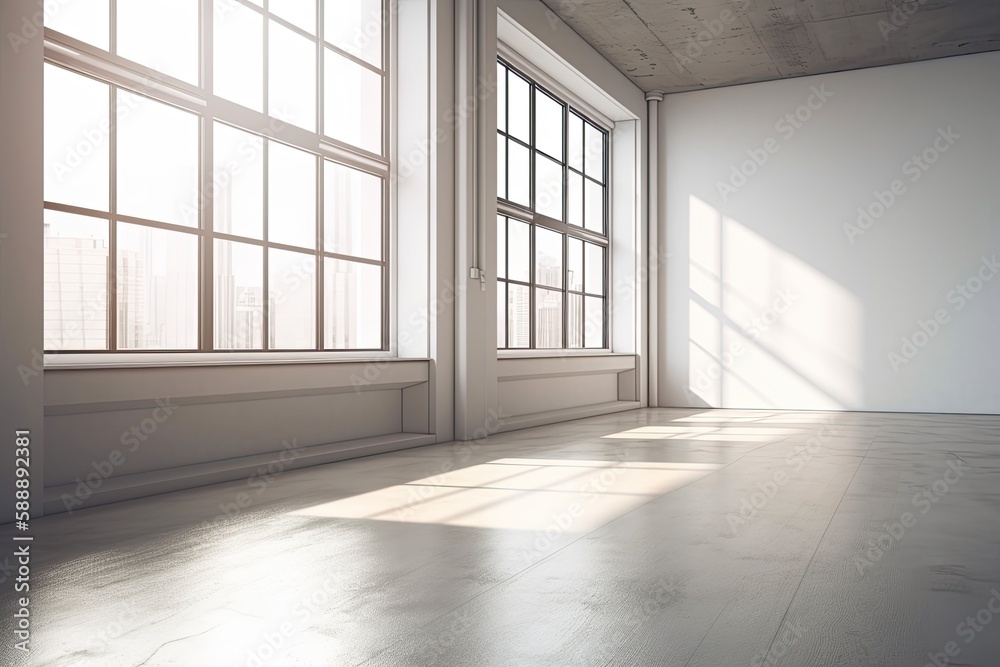 Fototapeta premium White, empty space with wall to wall sunlight coming in through the window. Generative AI
