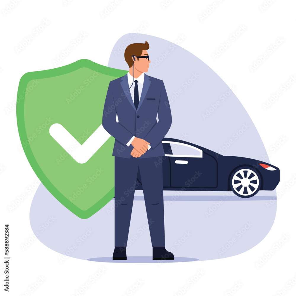 Vector illustration of a car insurance agent. Cartoon scene with man in suit and glasses, green shield, car insurance isolated on white background. Car protection concept Vector illustration of a car insurance agent. Cartoon scene with man in suit and glasses, green shield, car insurance isolated on white background. Car protection concept