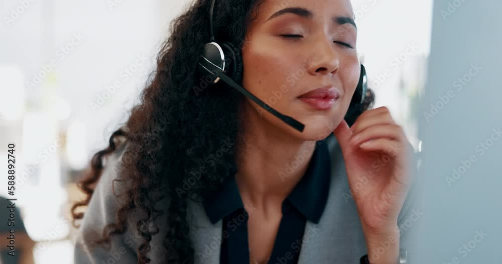 Business woman, call center and headache in frustration consulting in customer service or support at office. Tired and annoyed female consultant or agent talking to difficult client for online advice