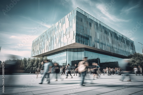 Modern building architecture with blurred peoples walking on the street made with Generative AI