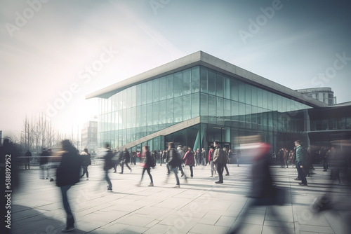 Modern building architecture with blurred peoples walking on the street made with Generative AI