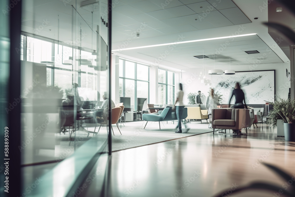 Office lobby with conference rooms and blurred peoples made with Generative AI