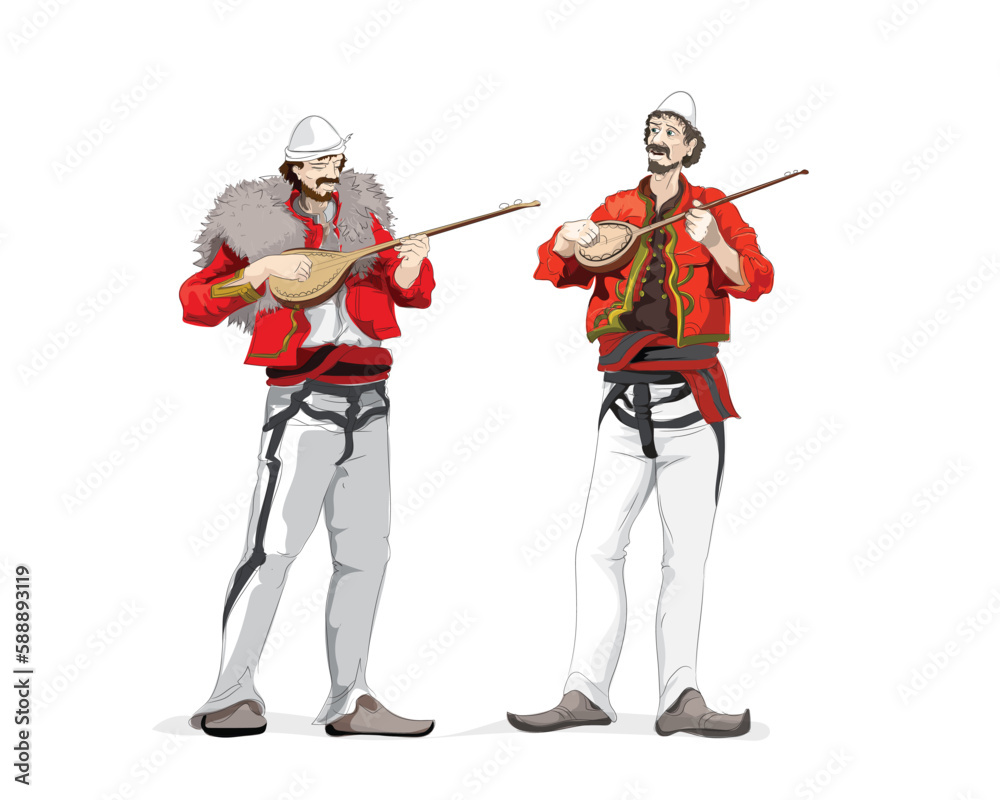 Albanian folk music instruments, men playing Çifteli traditional music folk Albanian folk music instruments, men playing Çifteli traditional music folk