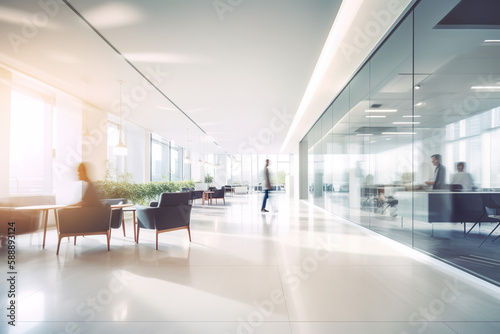 Office lobby with conference rooms and blurred peoples made with Generative AI