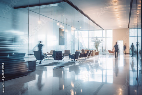 Office lobby with conference rooms and blurred peoples made with Generative AI