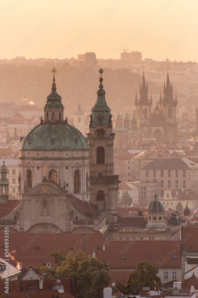 Early morning view of Prague, Czech Republic. St. Nicholas Church and Church of Our Lady before Tyn visible.