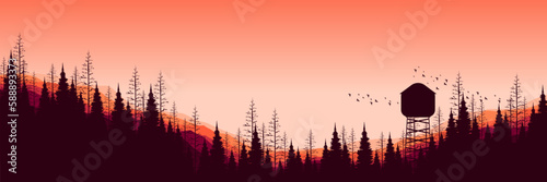 nature sunset sky scenery mountain landscape with forest silhouette vector illustration good for web banner, ads banner, tourism banner, wallpaper, background template, and adventure design backdrop