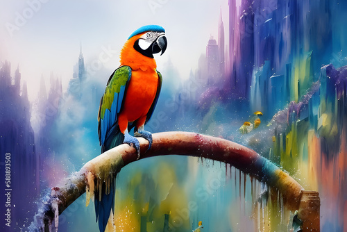 macaw illustration, colorful, splash art, watercolor, ink - Generative AI