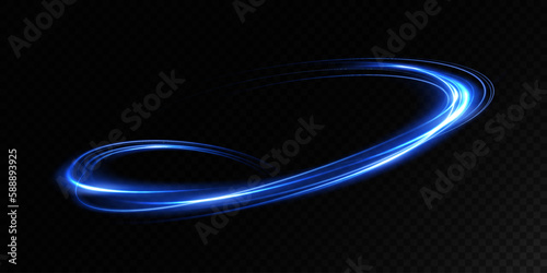 Abstract light lines of movement and speed with blue color and sparkles. Light everyday glowing effect. semicircular wave, light trail curve swirl, optical fiber incandescent