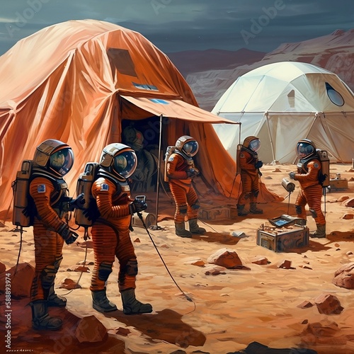 Foto A captivating illustration portraying the first settlers on Mars, setting up tents as temporary shelters, depicted in a detailed digital painting style