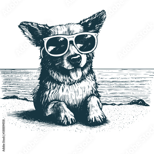cheerful corgi dog wearing sunglasses sitting on the beach near the sea, vacation dog illustration 