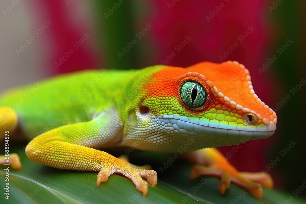 A large Madagascarian day gecko in stunning detail sitting on a withered flower. Generative AI A large Madagascarian day gecko in stunning detail sitting on a withered flower. Generative AI