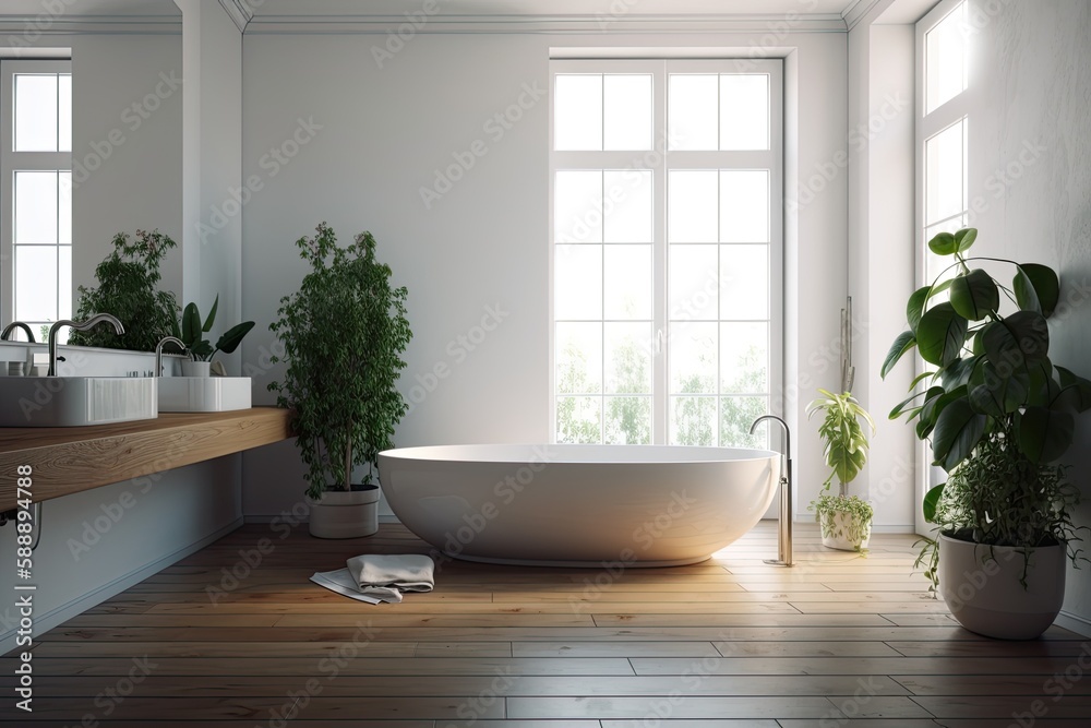 White bathtub, wooden floor, and white walled bathroom interior with a floor lamp next to a plant. a mockup. Generative AI White bathtub, wooden floor, and white walled bathroom interior with a floor lamp next to a plant. a mockup. Generative AI
