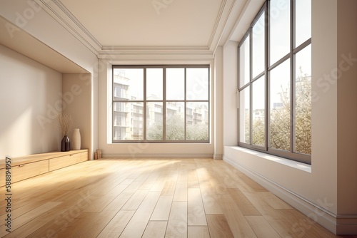 A vacant corner of the room with beige walls, three sizable windows in white, a light glossy parquet floor, and a white plinth. With a Work Path on the Windows, the perspective view. Ultra HD 8