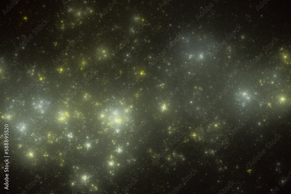 Yellow gray clouds of stardust in black space. Abstract fractal 3D rendering