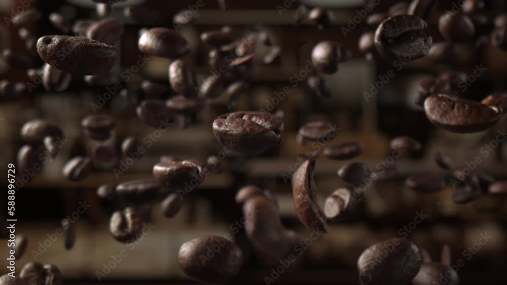 close up of coffee beans in the air