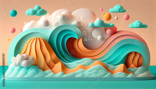 Summer vibe. Waves., clouds, sun and the sea. Generative AI
