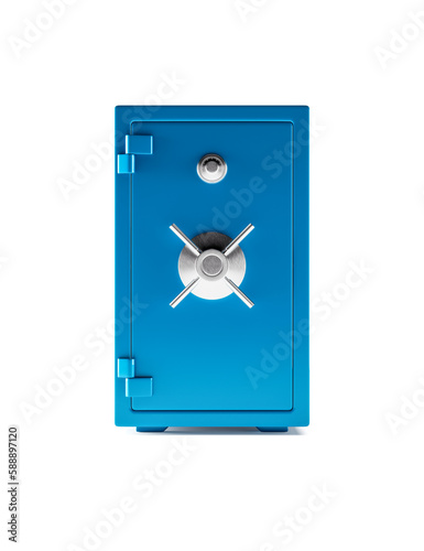 Large vertical closed blue metal safe isolated on white background. Weapon safe. Banking security clip art. 3d render.