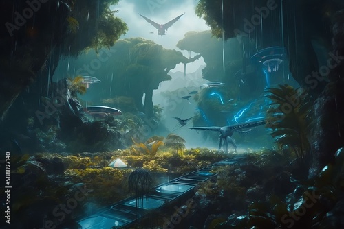 Abstract Creatures and Lightnings in Future Rainforest 