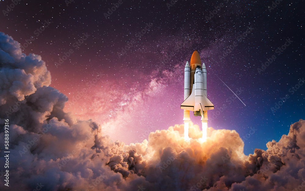 Fototapeta premium Spaceship takes off into the night sky. Rocket launch with enormous smoke cloud. Space shuttle taking off to space